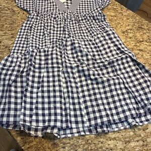 Anthropologie Navy Gingham V-Neck Tiered Dress Small New With Tags